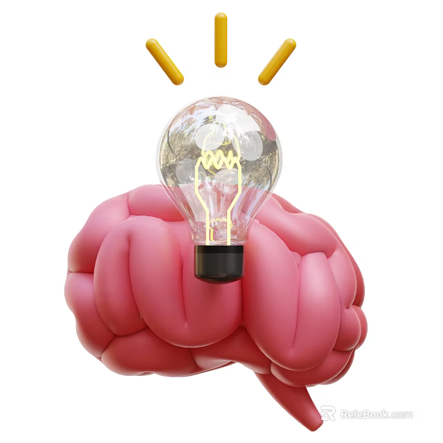 Decorative Ornament Set With Pink Brain Transparent Light Bulb And Yellow Exclamation Marks 3d model 