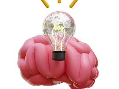 Decorative Ornament Set With Pink Brain Transparent Light Bulb And Yellow Exclamation Marks 3d model