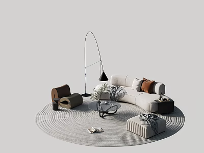 Modern Stylish Sofa and Coffee Table Set with Round Rug Floor Lamp Pillows and Ottoman 3d model