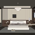 Minimalist Bedroom Interior With White Bed Wooden Accents Pendant Light And Decorative Painting