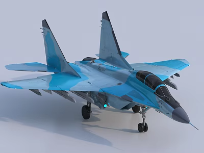 Blue Gray Fighter Jet With Twin Tail Landing Gear Extended Modern Design 3d model
