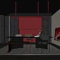 Modern Restaurant Interior With Open Design Dining Table Gray Chairs And Red Cabinets 3d model