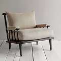 Minimalist Accent Chair With Dark Wooden Frame Slatted Backrest And Light Linen Cushion For Modern Interior