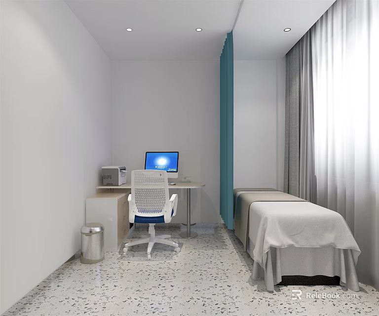 Modern Room Interior With Desk Computer Chair Bed And Terrazzo Floor Curtains 3d model 