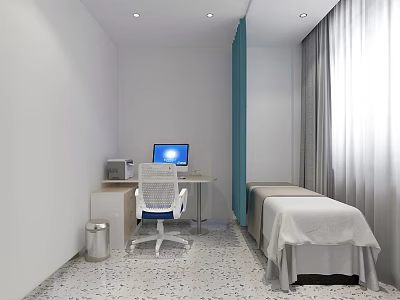 Modern Room Interior With Desk Computer Chair Bed And Terrazzo Floor Curtains 3d model