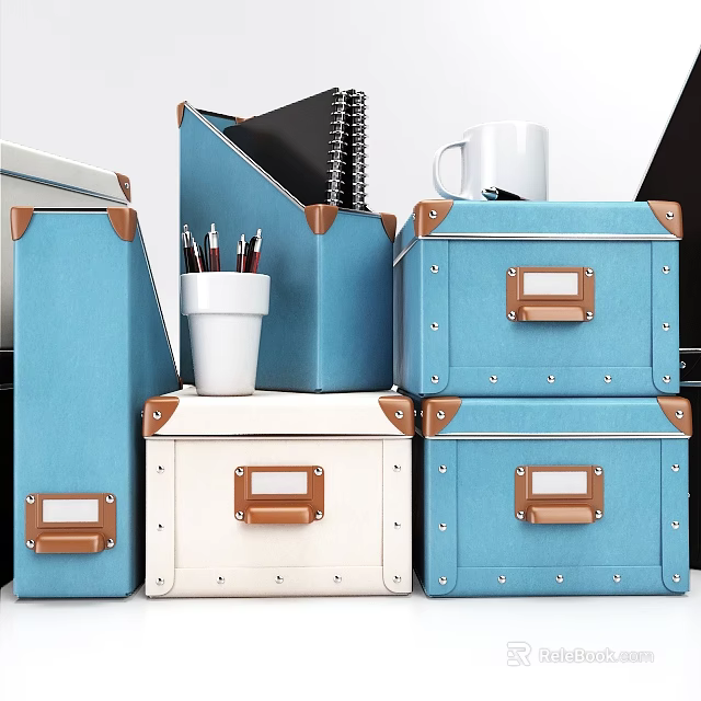 Organized Blue White Folders With Leather Trim Stacked Near Pen Holder Notebook And Mug 3d model 