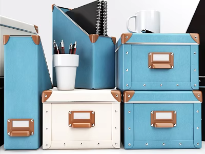 Organized Blue White Folders With Leather Trim Stacked Near Pen Holder Notebook And Mug 3d model