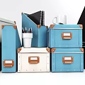 Organized Blue White Folders With Leather Trim Stacked Near Pen Holder Notebook And Mug