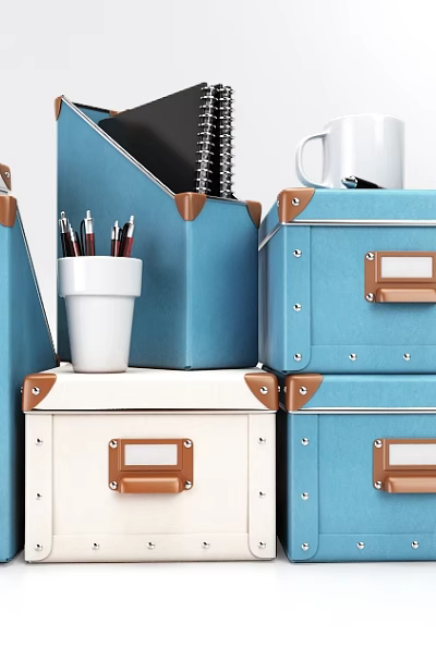 Organized Blue White Folders With Leather Trim Stacked Near Pen Holder Notebook And Mug 3d model