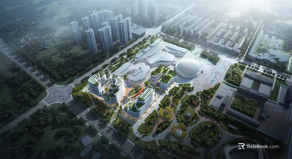 Birds Eye View Planning of Modern Urban District With High rises Green Areas and Open Spaces 3d model 