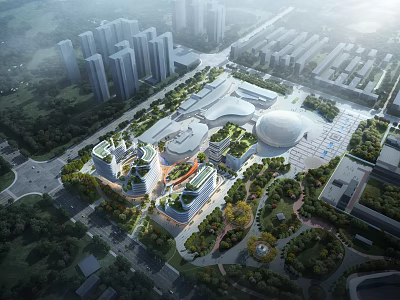 Birds Eye View Planning of Modern Urban District With High rises Green Areas and Open Spaces 3d model