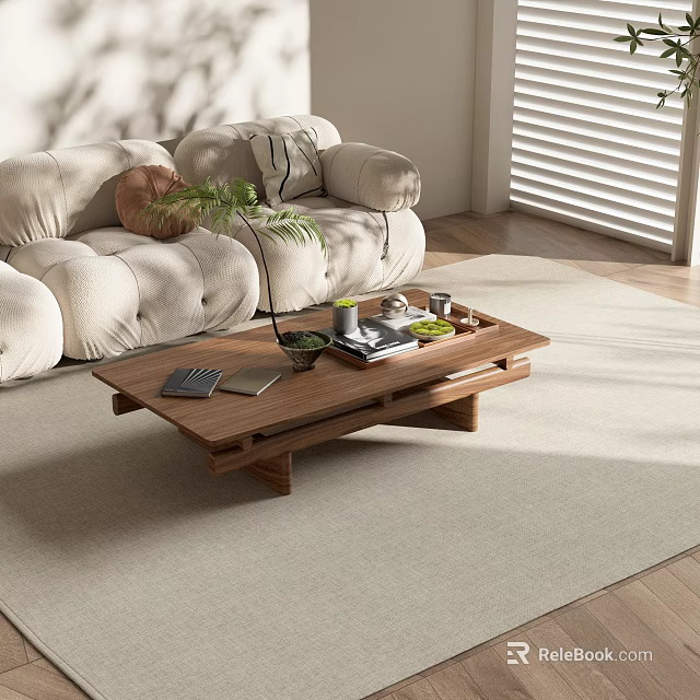 Modern Wooden Coffee Table In Living Room With Books Cups And Small Plant 3d model 