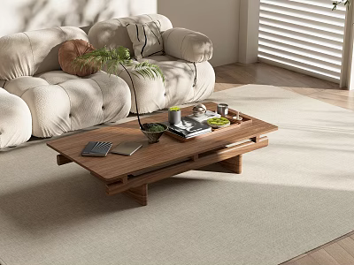 Modern Wooden Coffee Table In Living Room With Books Cups And Small Plant 3d model