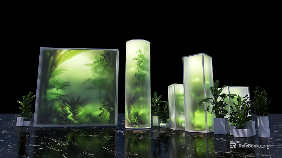 Modern Transparent Display Structures With Green Plants Against Black Background And Dark Textured Floor 3d model 