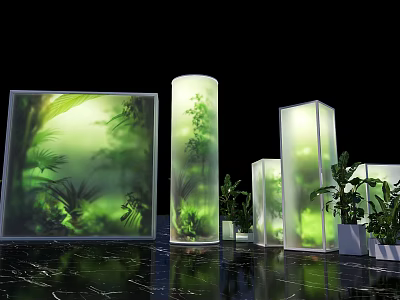 Modern Transparent Display Structures With Green Plants Against Black Background And Dark Textured Floor 3d model