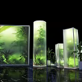 Modern Transparent Display Structures With Green Plants Against Black Background And Dark Textured Floor