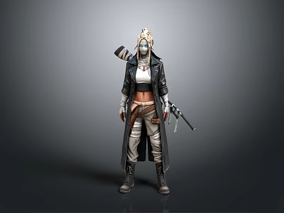 Man In Long Coat With Blonde Hair And Mask Holding Rifle And Tactical Gear 3d model