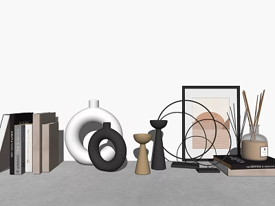Modern Decorative Ornament Set with Books White Vase Circular Ornaments Picture Frame and Diffuser Bottle 3d model