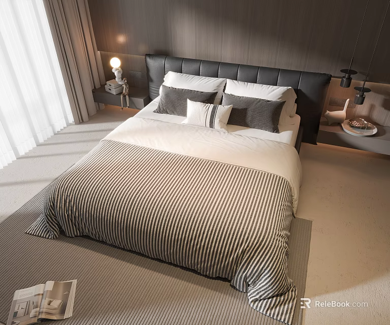 Modern Double Bed With Black Headboard Striped Duvet Pillows Bedside Lamp And Carpet 3d model 