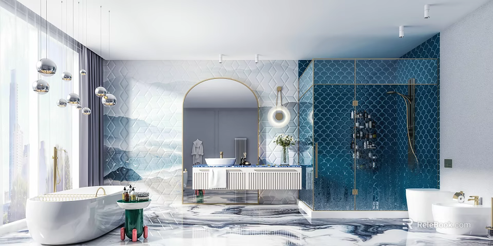 Elegant Modern Bathroom Interior With Marble Vanity And Gold Accents 3d model 