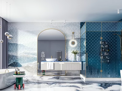 Elegant Modern Bathroom Interior With Marble Vanity And Gold Accents 3d model