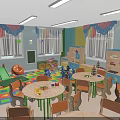 Colorful Kindergarten Classroom With Round Tables Chairs Slide Toy Shelves And Windows