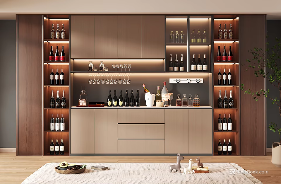 Modern Built in Wooden Wine Cabinet With Lighting And Wine Bottles Glassware 3d model 