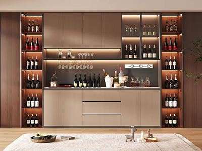 Modern Built in Wooden Wine Cabinet With Lighting And Wine Bottles Glassware 3d model