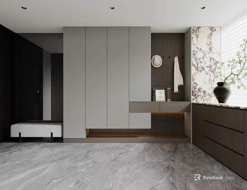 Modern Entryway With Gray Shoe Cabinet Marble Accent Wall Green Plant And Bench 3d model 