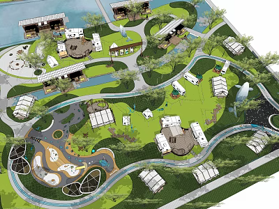 Scenic Camping Site With Cabins Green Spaces Water Features And Recreational Walking Paths 3d model