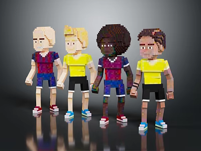 Pixelated Humanoid Characters Standing Together In Colorful Outfits And Sneakers 3d model