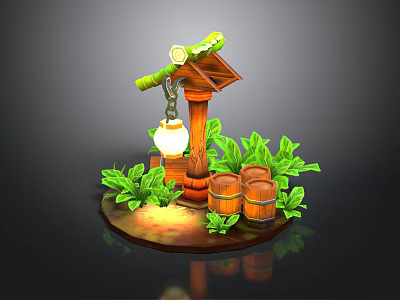 Lush Green Plants Surrounding Bamboo Structure With Hanging Lantern And Wooden Barrels 3d model