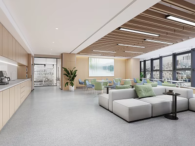 Modern Tea Room Interior With Open Layout Sofa Seating Green Plants And Coffee Machine 3d model