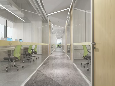 Modern Office Corridor Design With Glass Partitions Desks Green Chairs And Gray Flooring 3d model