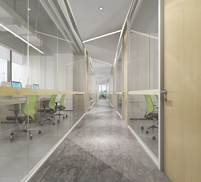 Modern Office Corridor Design With Glass Partitions Desks Green Chairs And Gray Flooring 3d model