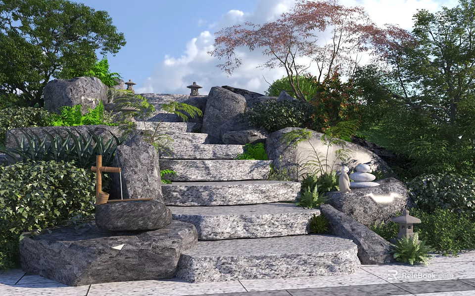 Natural Garden Stairs With Stone And Wood Elements Green Plants Rock Decorations 3d model 