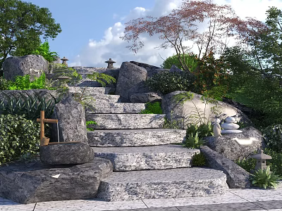 Natural Garden Stairs With Stone And Wood Elements Green Plants Rock Decorations 3d model