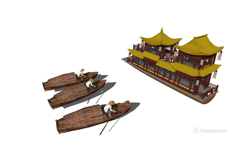Small Wooden Boats with People Rowing and Large Traditional Boat with Yellow Roofs 3d model 