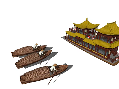 Small Wooden Boats with People Rowing and Large Traditional Boat with Yellow Roofs 3d model