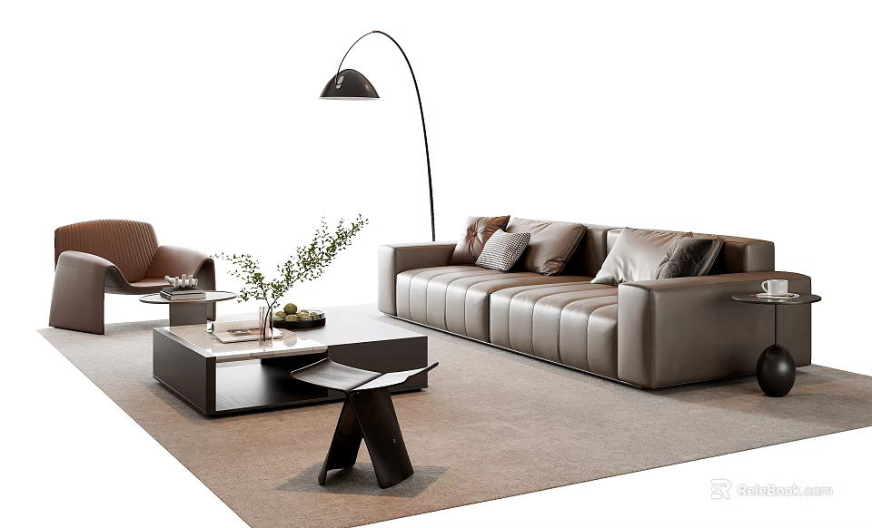 Modern Leather Sofa And Coffee Table Set With Floor Lamp Green Plant And Rug In Living Room 3d model 