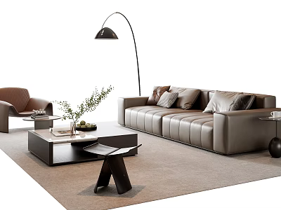 Modern Leather Sofa And Coffee Table Set With Floor Lamp Green Plant And Rug In Living Room 3d model