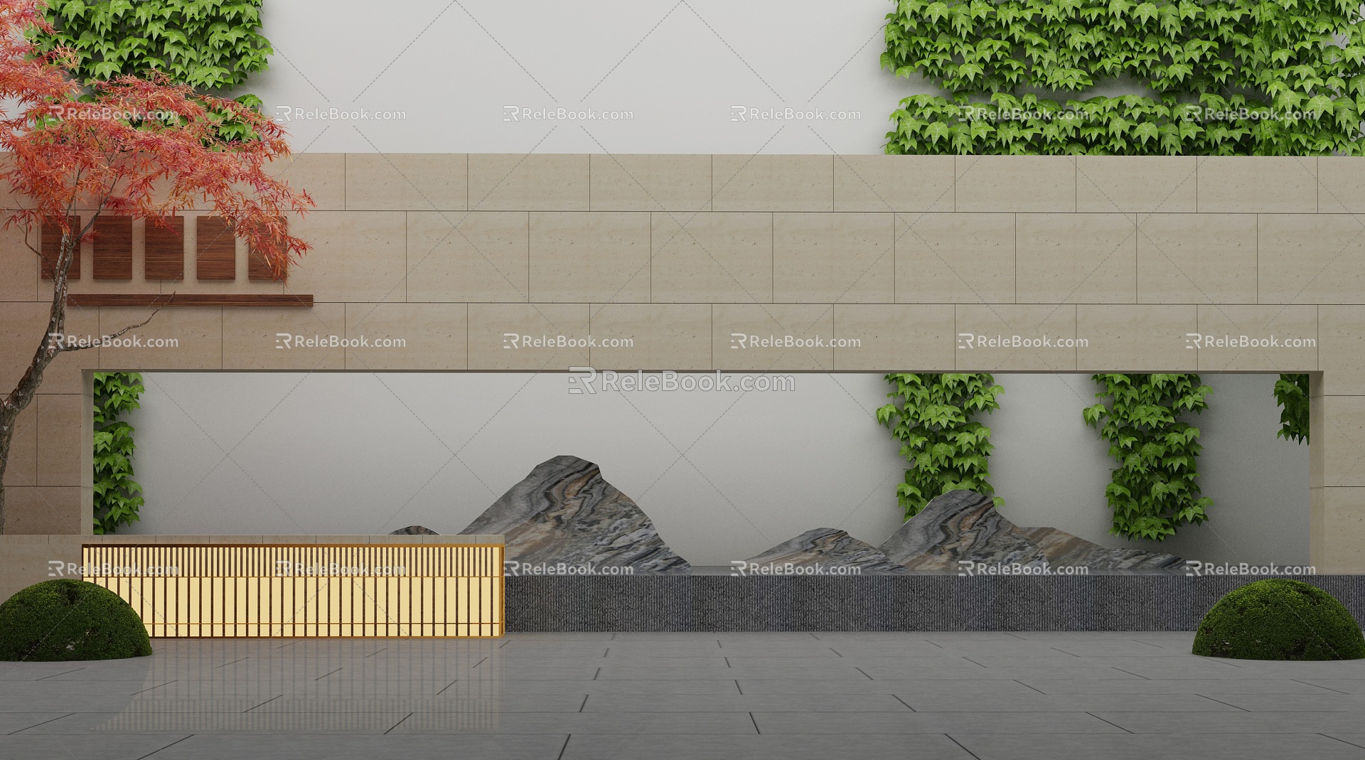 Landscape sketch Zen space community entrance waterscape wall 3d model