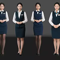 Women in Professional Uniform Standing with Clasped Hands White Shirts Dark Vests Skirts