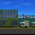 Modern Container Office With Green Blue Exterior Large Windows Terrace Outdoor Seating And Plants