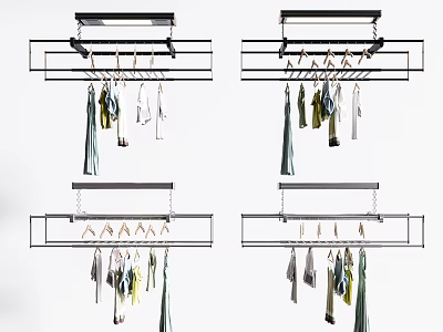 Modern Metal Frame Overhead Clothes Hangers With Various Garments In Interior Design 3d model