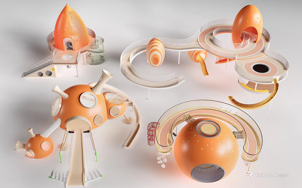 Modern Colorful Playground Equipment Featuring Spiral Slides Dome Shapes And Platforms 3d model 