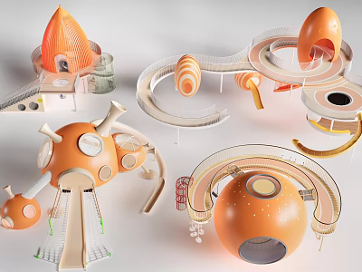 Modern Colorful Playground Equipment Featuring Spiral Slides Dome Shapes And Platforms 3d model