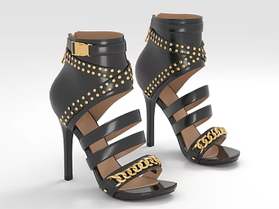 Elegant Black Women's Stiletto Heels With Gold Studs Chain Detailing and Open Toe 3d model