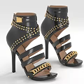 Elegant Black Women's Stiletto Heels With Gold Studs Chain Detailing and Open Toe