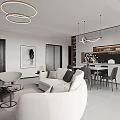 Modern Living Dining Room Interior With Curved Sofa Coffee Table TV Wall And Chandeliers